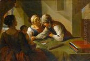 A Lady Visiting A Tailor's 
Workshop With Herchild; And An Interior With Two Ladies, And A Young Boy
 Eating Anddrinking