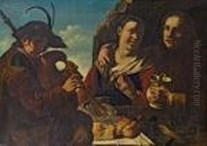 Junges Paar Bei Tisch Mit Dudelsackpfeifer by Giacomo Francesco Cipper