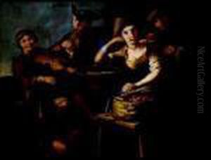 Gruppo Con Musici E Contadina Con Cesto Di Ciliege by Giacomo Francesco Cipper