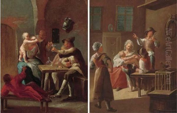 A Mother And Child With Other
Figures Around A Table In An Interior; And A Family In An Interior - view 1