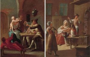 A Mother And Child With Other
Figures Around A Table In An Interior; And A Family In An Interior by Giacomo Francesco Cipper