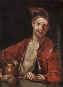 A Peasant Man Sitting At A Table With A Jug And Pipe