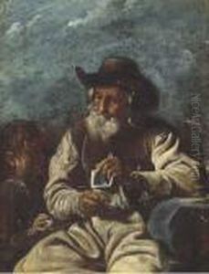 An Old Man Knitting With A Young Boy