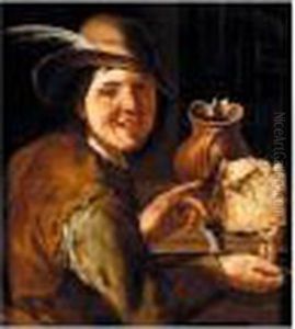 A Merry Smoker At A Table With A Large Cheese And An Earthenware Jug