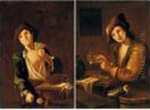 A Card Player Seated At A Table With A Pigeon In The Foreground