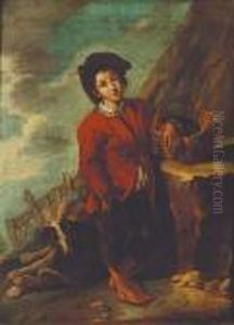 A Young Peasant Boy With A Turkey In A Basket, A Dog At His Side