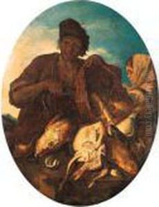 A Fisherman With A Basket Of 
Fish And A Peasant Girl; And A Peasantwith A Dead Hare And Game Birds by Giacomo Francesco Cipper