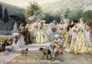 Afashionable Company In Renaissance Dress, On A Garden Terrace by Georges Jules Victor Clairin