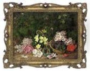 Primroses, Violets And A Bird's Nest On A Mossy Bank