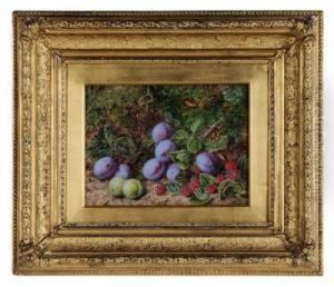 Still Life With Plums And Raspberries On A Mossy Bank