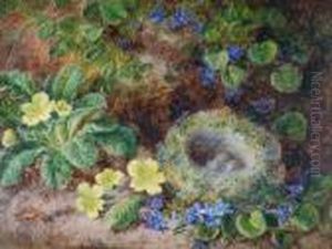 Primroses And Birds Nest With Eggs On A Mossy Bank
