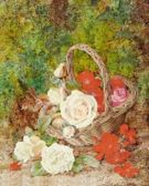 Still Life Of Roses, Geraniums And A Wickerbasket On A Mossy Bank - view 1