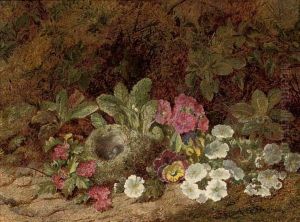 A Bird's Nest With Primulas, Pansies And Blossom On A Mossy Bank