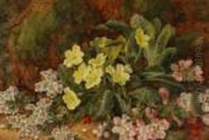 Oil On Canvas, Primroses,spring Flowers And Berries On A Mossy Bank, Signed, 12" X 18" by George Clare