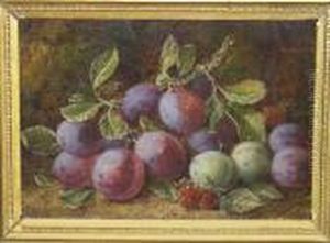 Still Life Of Plums, Greengages And Raspberries Against A Mossy Bank Signed by George Clare