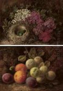 A Bird's Nest And Hawthorn Blossom; Plums And Greengages