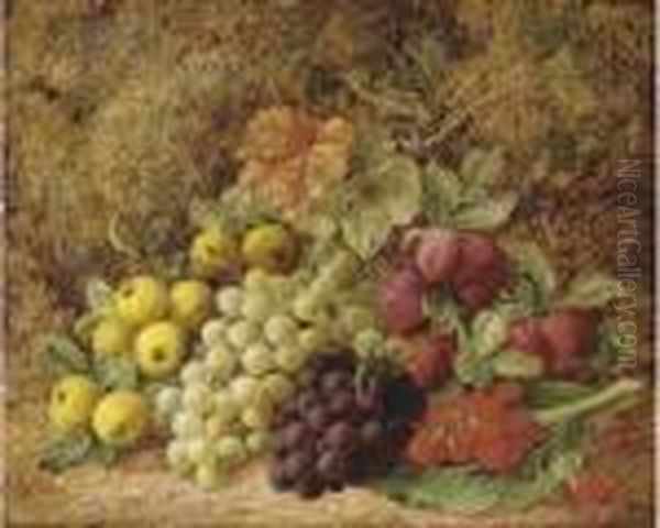 Apples, Grapes, Plums And Strawberries On A Mossy Bank - view 1