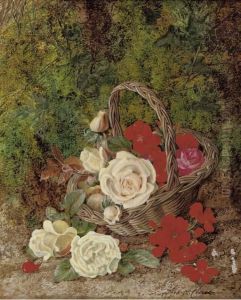 Roses And Geraniums In A Wicker Basket Before A Mossy Bank by George Clare