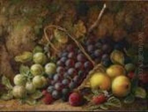 Still Life Of Grapes, Plums And Raspberries On A Mossy Bank by George Clare