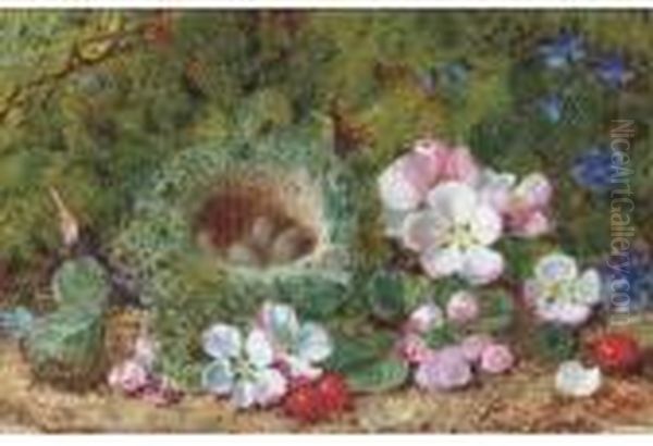 Apple Blossom, Berries And A
Bird's Nest With Eggs On A Mossy Bank;and Grapes, Raspberries And
Greengages On A Mossy Bank - view 1