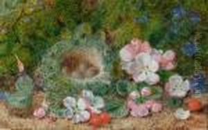 Still Life Of A Bird````s Nest,
Flowers And Berries On A Mossy Bank; Still Life Of Fruit On A Mossy Bank by George Clare