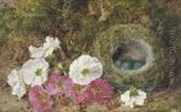 Pink And White Pansies And A 
Bird's Nest With Eggs On A Mossy Bank;and Plums, Raspberries And Crab 
Apples On A Mossy Bank - view 1