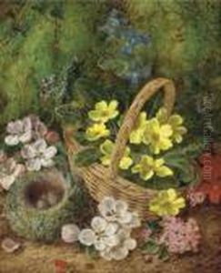 Primroses, Primulas, Apple 
Blossom With A Bird's Nest And Eggs And A Wicker Basket, On A Mossy Bank by George Clare