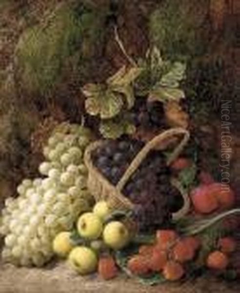 Strawberries, Apples, Plums, And Grapes In A Wicker Basket - view 1