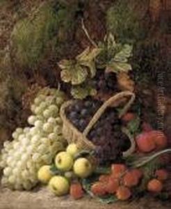 Strawberries, Apples, Plums, And Grapes In A Wicker Basket by George Clare