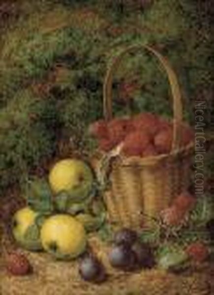 Apples, Plums, And Raspberries In A Wicker Basket - view 1