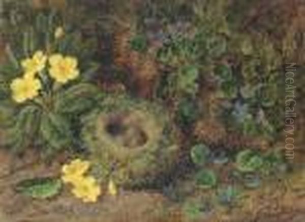 Primroses, Violets And A Bird's Nest With Eggs - view 1