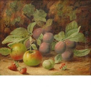 Still Life Of Apples, Plums And Strawberries by Oliver Clare