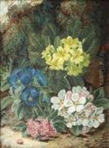 Primroses And Other Spring Flowers On A Mossy Bank by Oliver Clare