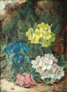 Primroses And Other Spring Flowers On A Mossybank by Oliver Clare