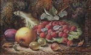 Raspberries On A Cabbage Leaf, Gooseberries, An Apple And A Plum Against A Mossy Bank