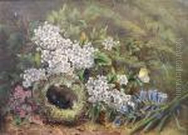 Still Life Of Eggs In A Bird's Nest, Blossomand A Moth On A Mossy Bank - view 1