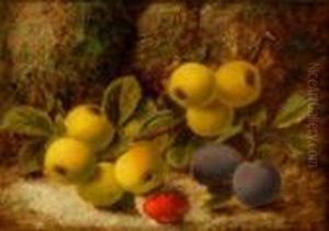 Plums And A Strawberry On A Mossy Bank Plums And A Strawberry On A Mossy Bank