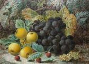 Black Grapes, Apples, White Currants Andraspberries Against A Mossy Bank by Oliver Clare