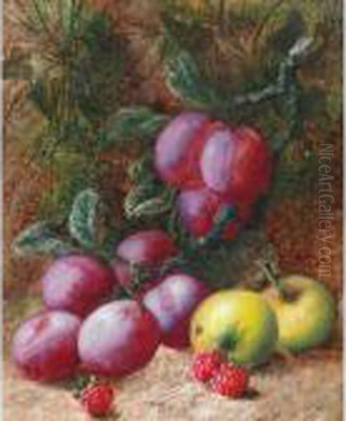 Plums, Apples And Raspberries On A Mossy Bank - view 1