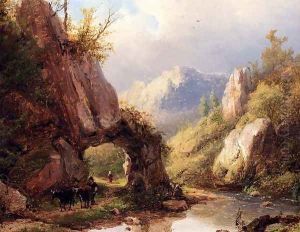 A Mountain Valley With A Peasant And Cattle Passing Along A Stream by Johann Bernard Klombeck