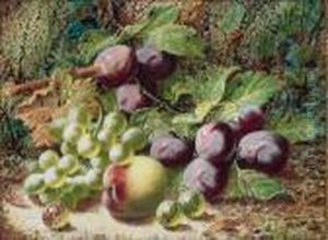Plums, Grapes, A Peach And Gooseberries On A Mossy Bank by Oliver Clare