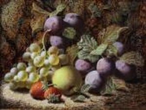 Plums, Green Grapes, Strawberries And An Apple Against A Mossy Bank Plums, Green Grapes, Strawberries And An Apple Against A Mossy Bank