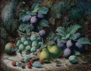A Basket Of Greengages, Plums, Pears And Raspberries Against A Mossy Bank
