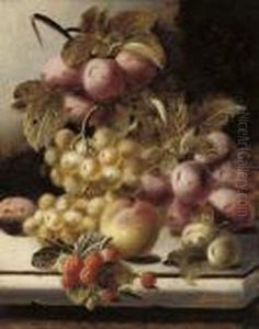 Plums, Grapes, A Peach And Raspberries On A Stone Ledge by Oliver Clare