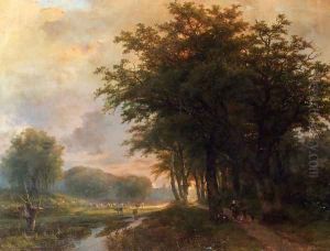 A Wooded River Valley With Peasants On A Path, Cattle In A Meadow Beyond by Johann Bernard Klombeck