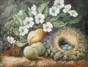 A Still Life Of Fruit, Wild Flowers And A Bird's Nest On A Mossy Bank by Oliver Clare