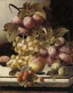 Plums, Grapes, A Peach And
Raspberries On A Stone Ledge; And Grapes, Greengages, Strawberry, Pear
And Gooseberries On A Stone Ledge by Oliver Clare
