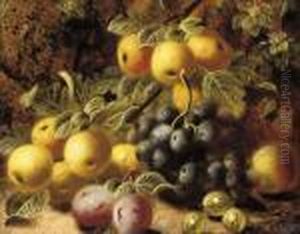 Plums, Grapes And Gooseberries 
On A Mossy Bank; And Flowers And A Bird's Nest On A Mossy Bank by Oliver Clare