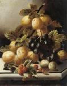 Greengages, Grapes And 
Raspberries On A Stone Ledge; And Plums, Gooseberries And A Peach On A 
Stone Ledge by Oliver Clare