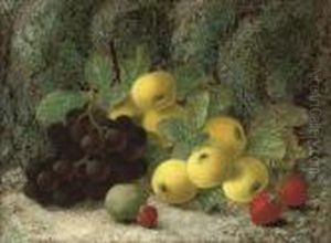 Grapes, Apples, Plum, Raspberries And Strawberries On A Mossy Bank by Oliver Clare